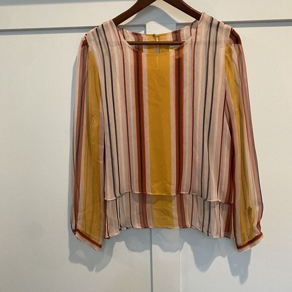 Maeve Anthropologie Top Women’s XS Gold Silk Striped Tiered Spring Colors - Picture 2 of 12